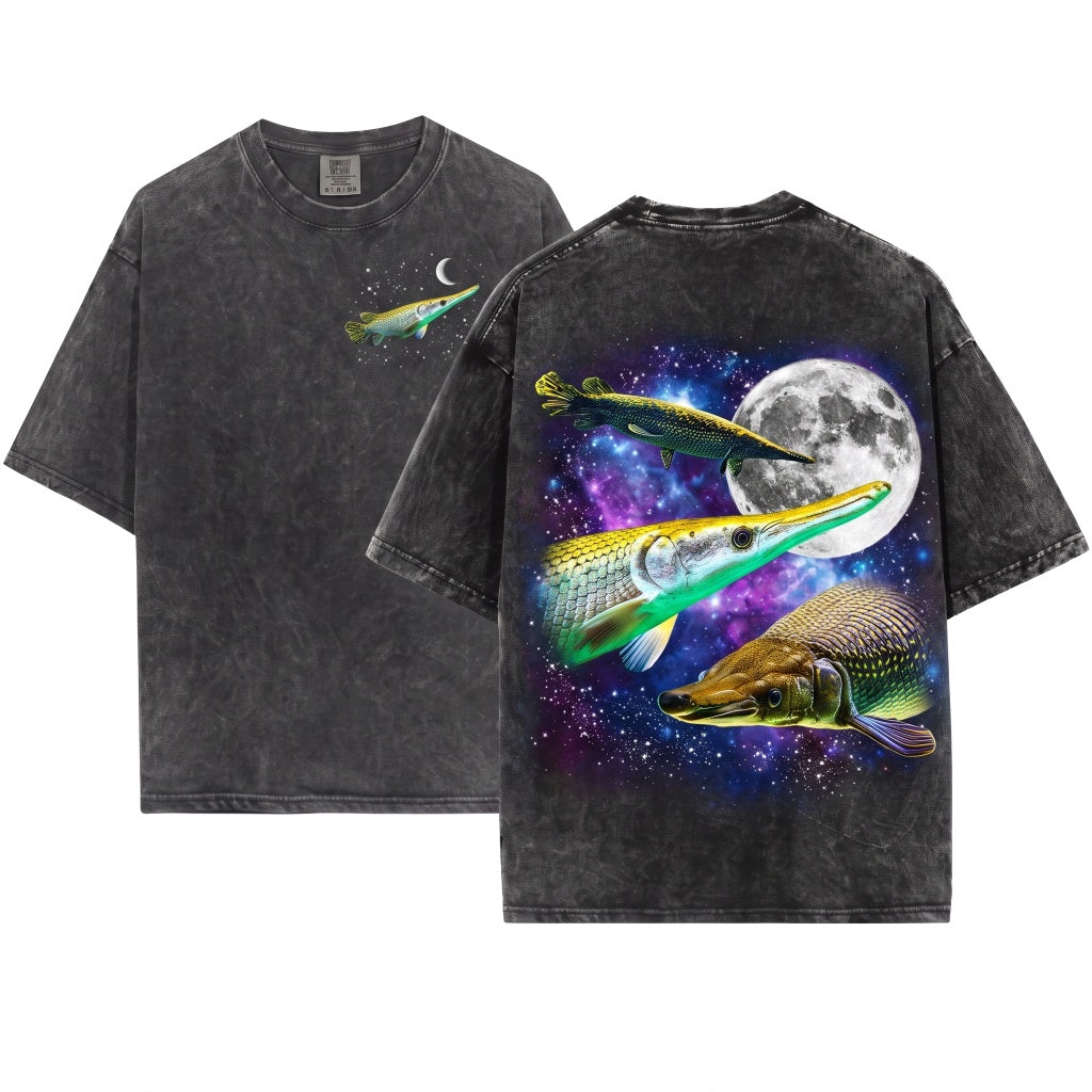 Three Alligator Gar Moon Galaxy Atractosteus Spatula Retro Aquarium Hobbyist Gift Aquatic Pet Graphic Unisex Wash T-Shirt