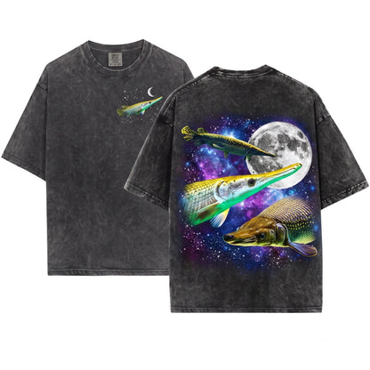 Three Alligator Gar Moon Galaxy Atractosteus Spatula Retro Aquarium Hobbyist Gift Aquatic Pet Graphic Unisex Wash T-Shirt
