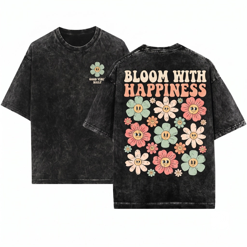 Retro Checkered Hippie Daisy Flower Crewneck Unisex Wash T-Shirt