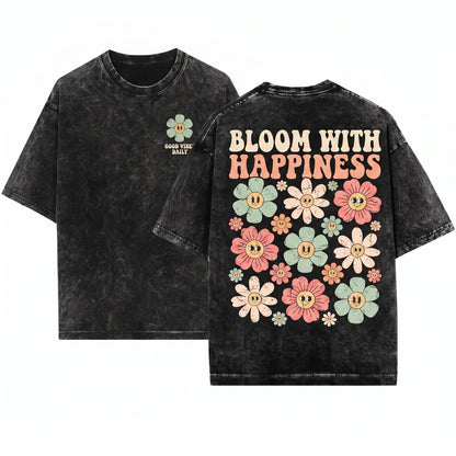 Retro Checkered Hippie Daisy Flower Crewneck Unisex Wash T-Shirt
