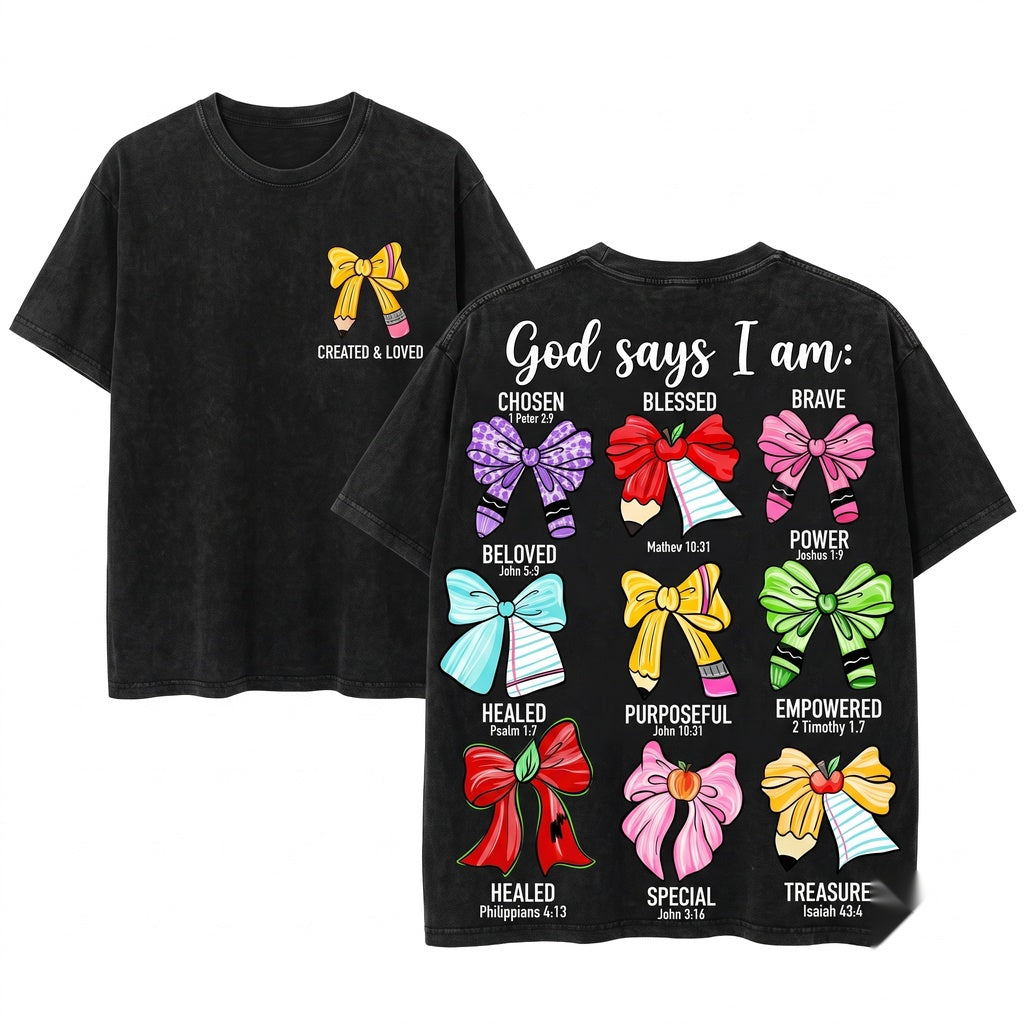 Christian God Says I Am Coquette Pencil Bow Teacher Back To School Unisex Wash T-Shirt