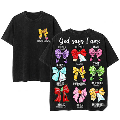 Christian God Says I Am Coquette Pencil Bow Teacher Back To School Unisex Wash T-Shirt