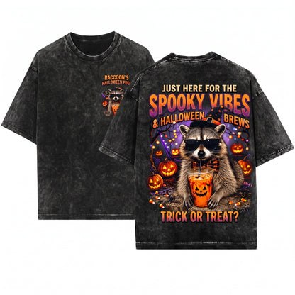 Funny Halloween Raccoon Drinking Pumpkin Spice Latte Spooky Season Fall Graphic Unisex Wash T-Shirt
