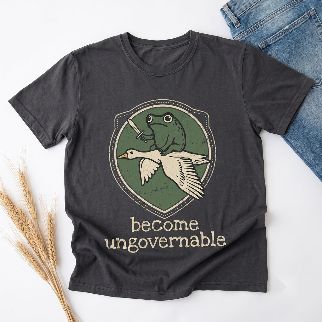 Become Ungovernable Embroidered Frog Riding Goose Funny RPG Gamer Unisex TShirt