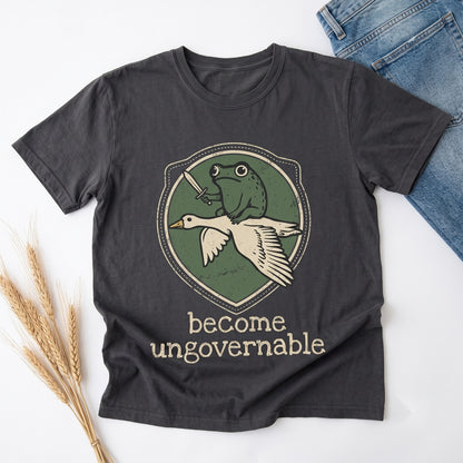 Become Ungovernable Embroidered Frog Riding Goose Funny RPG Gamer Unisex TShirt