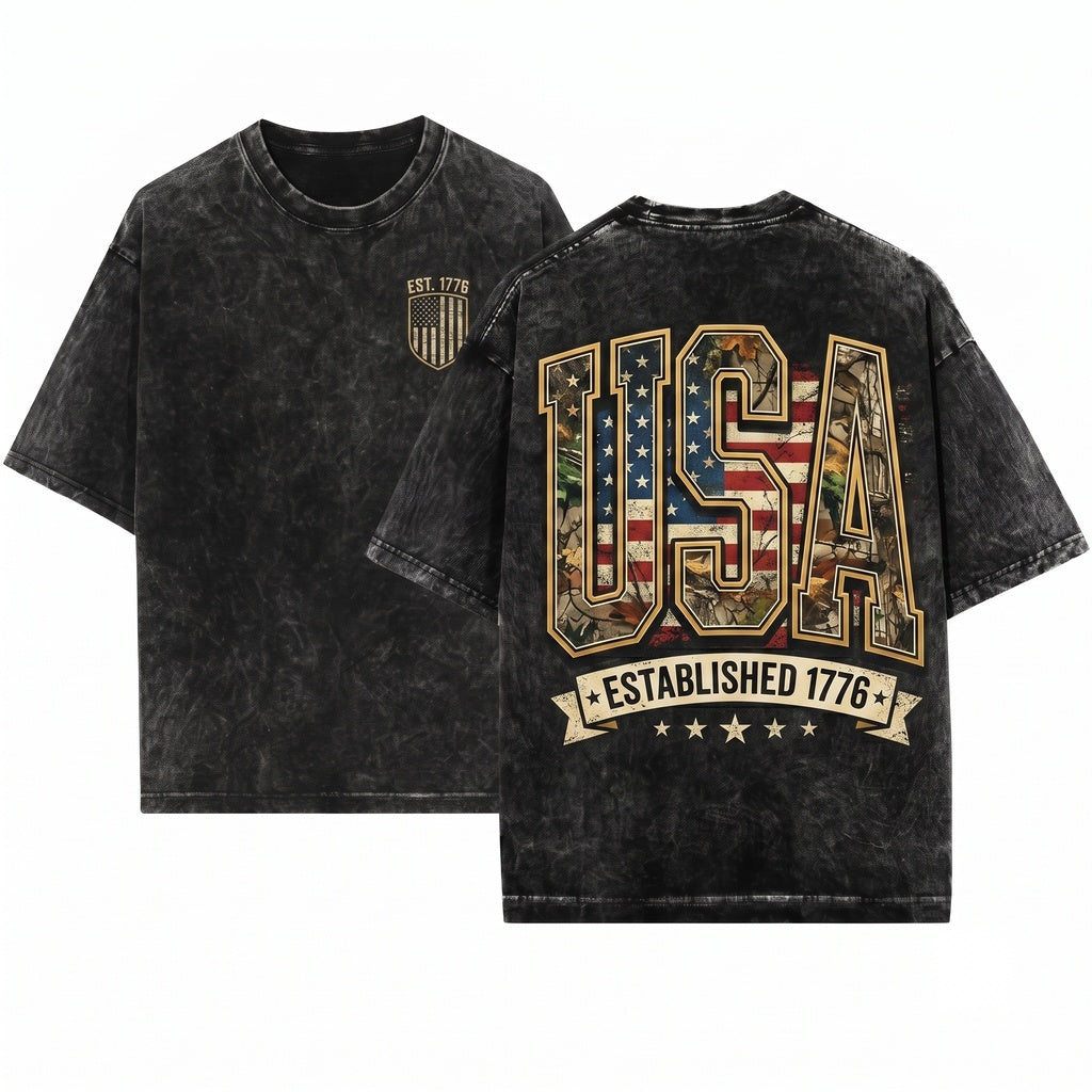 American Patriotic 1776 USA Camouflage Stars Stripes Flag Vintage Graphic Unisex Wash T-Shirt