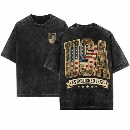 American Patriotic 1776 USA Camouflage Stars Stripes Flag Vintage Graphic Unisex Wash T-Shirt