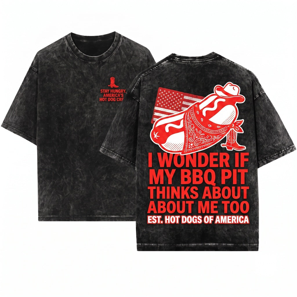 I Wonder If A Hot Dog Out There Is Thinking About Me Too Funny 4th of July Summer Food Lover Graphic Vintage Apparel Unisex Wash