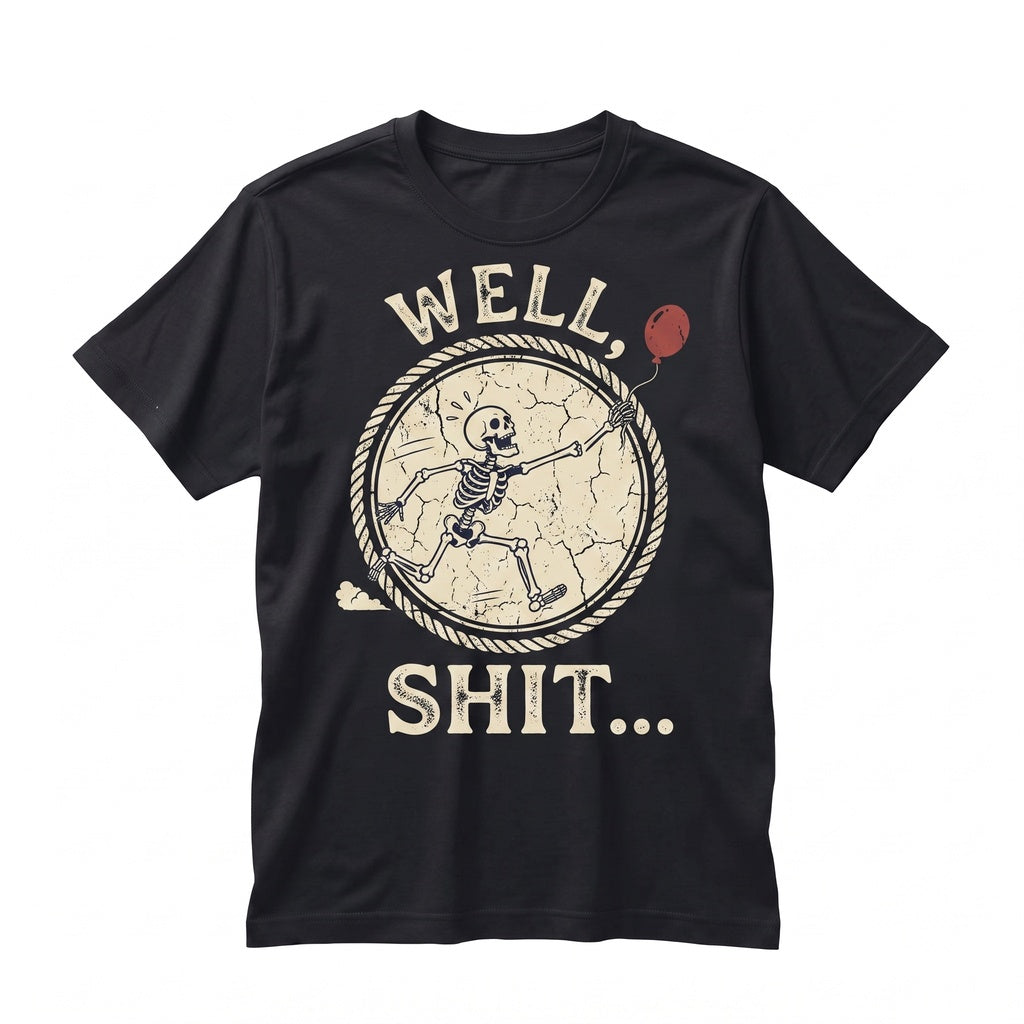Well Shit Skeleton Lost Balloon Dark Humor Gothic Sarcastic Halloween Funny Quote Graphic Apparel Unisex TShirt