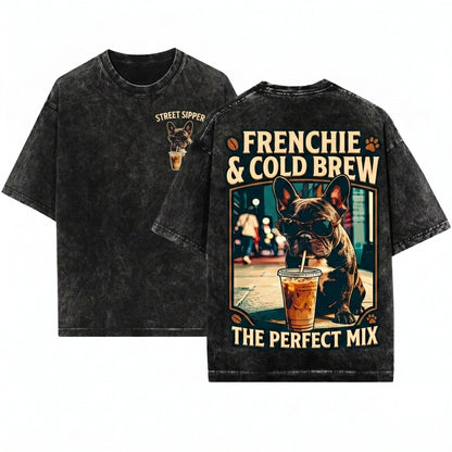 French Bulldog Iced Coffee Lover Funny Aesthetic Grunge Graphic Unisex Wash T-Shirt