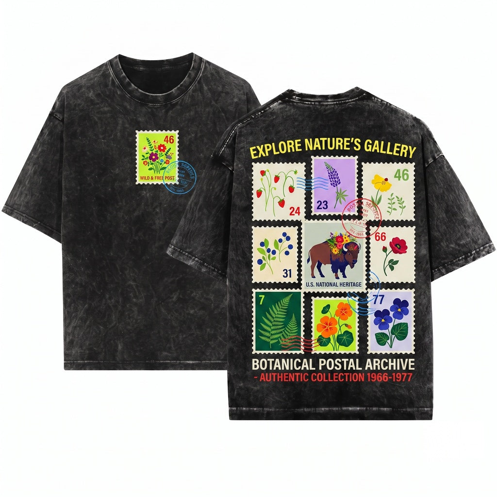 Vintage Garden Floral Stamp Graphic Print Unisex Wash T-Shirt