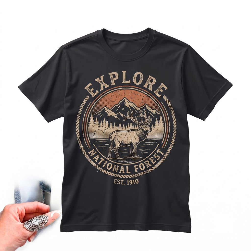Vintage Mountain Elk Sunset Graphic Retro National Park Wilderness Nature Adventure Outdoor Gift Unisex TShirt