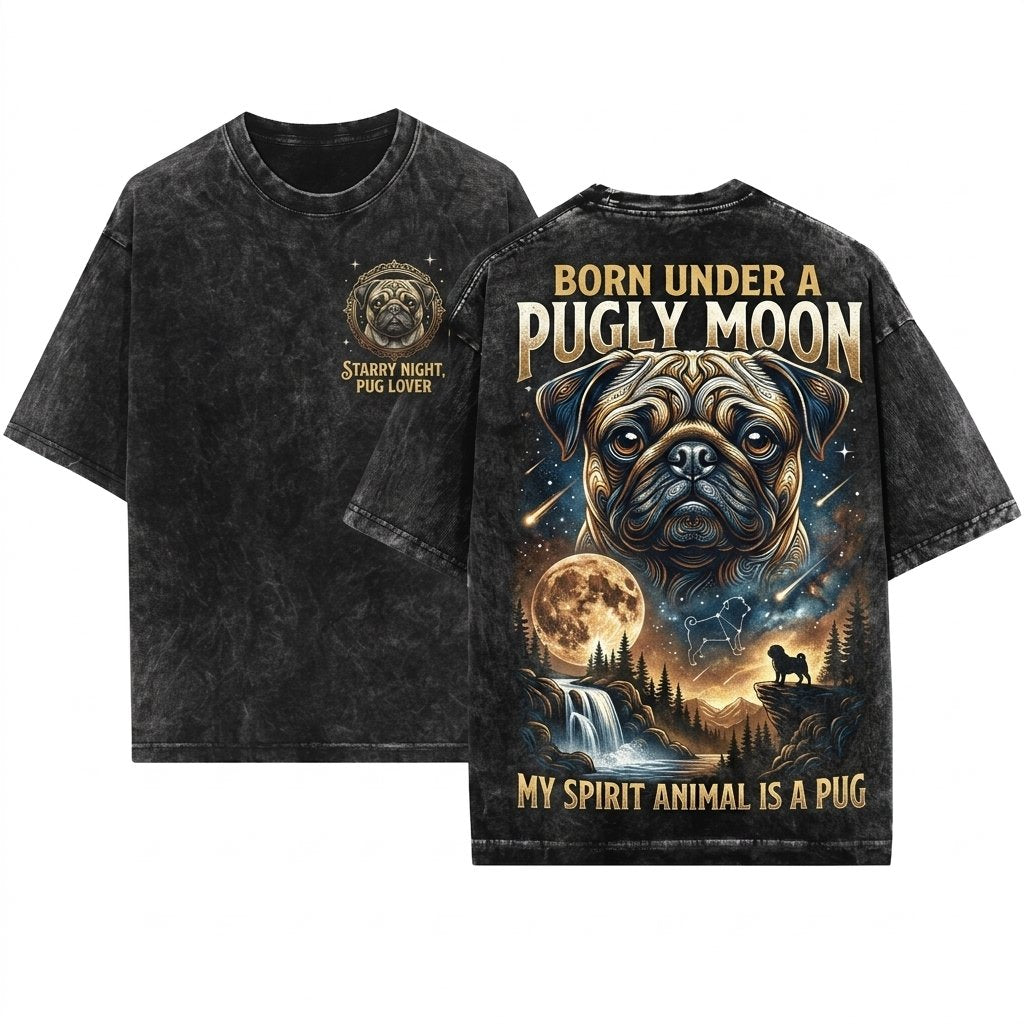 Vintage Retro Pug Howling Moon Graphic Gift Unisex Wash T-Shirt