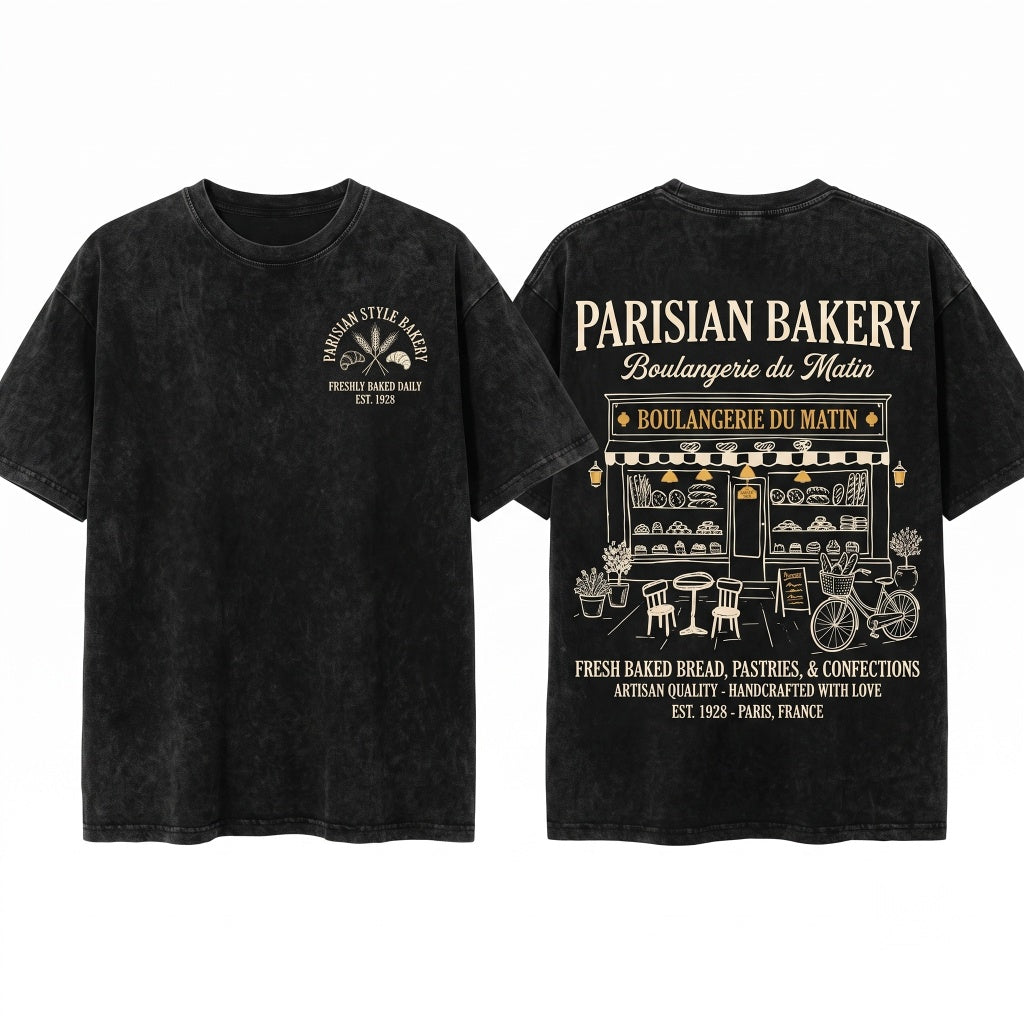 Boulangerie Paris Bakery Graphic Vintage French Cafe Unisex Wash T-Shirt