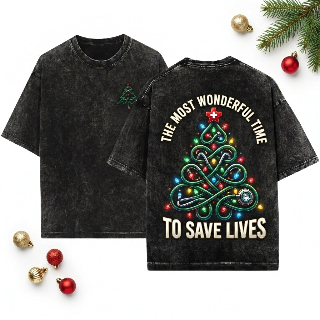 Embroidered Medical Nurse Christmas Stethoscope Tree Holiday Gift Unisex Wash T-Shirt