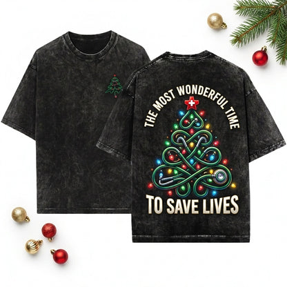 Embroidered Medical Nurse Christmas Stethoscope Tree Holiday Gift Unisex Wash T-Shirt
