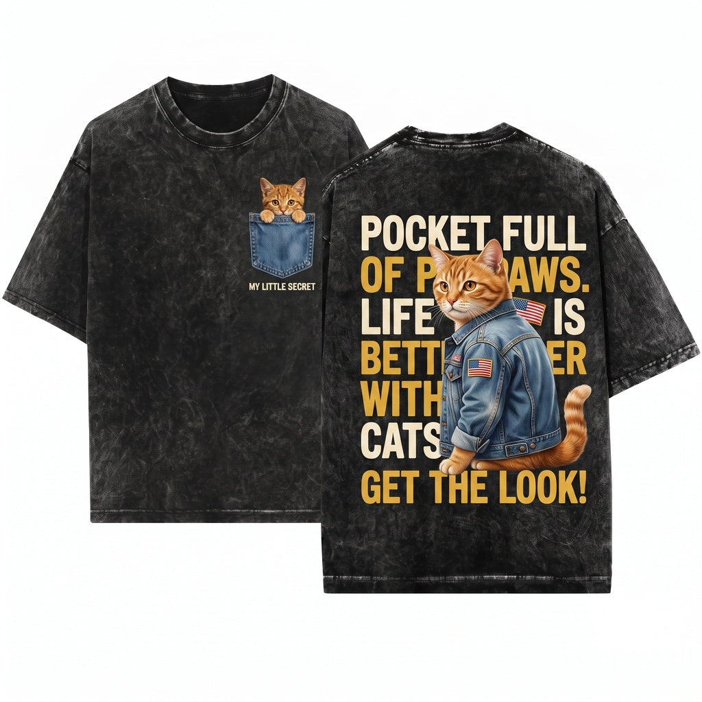 Kawaii Cute Tabby Cat Pocket Feline Lover Funny Pet Parent Gift Unisex Wash T-Shirt