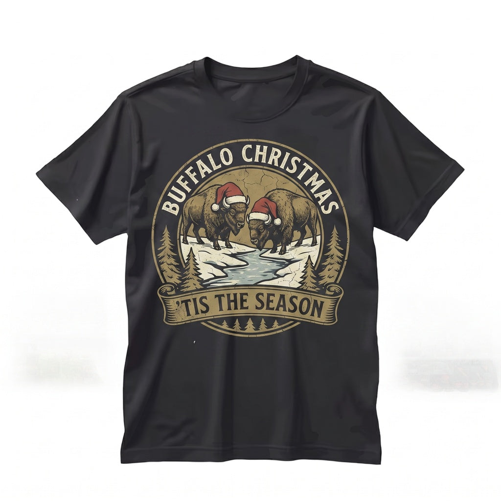 Cozy Christmas Bison Holiday Wildlife Western Winter Hats Animal Crewneck Graphic Unisex TShirt