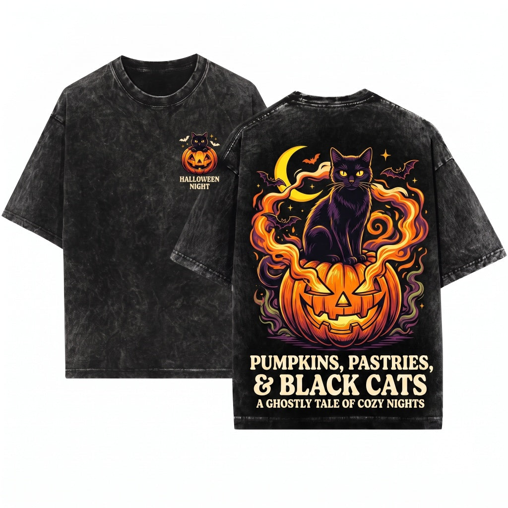 Black Cat Pumpkin Cute Spooky Embroidered 1717 Unisex Wash T-Shirt