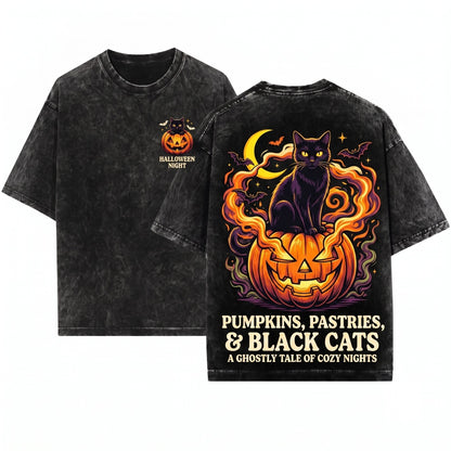 Black Cat Pumpkin Cute Spooky Embroidered 1717 Unisex Wash T-Shirt
