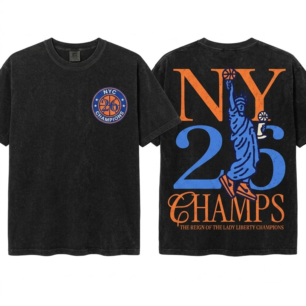 New York 2026 Champions Statue of Liberty NY Bball Graphic Unisex Wash T-Shirt