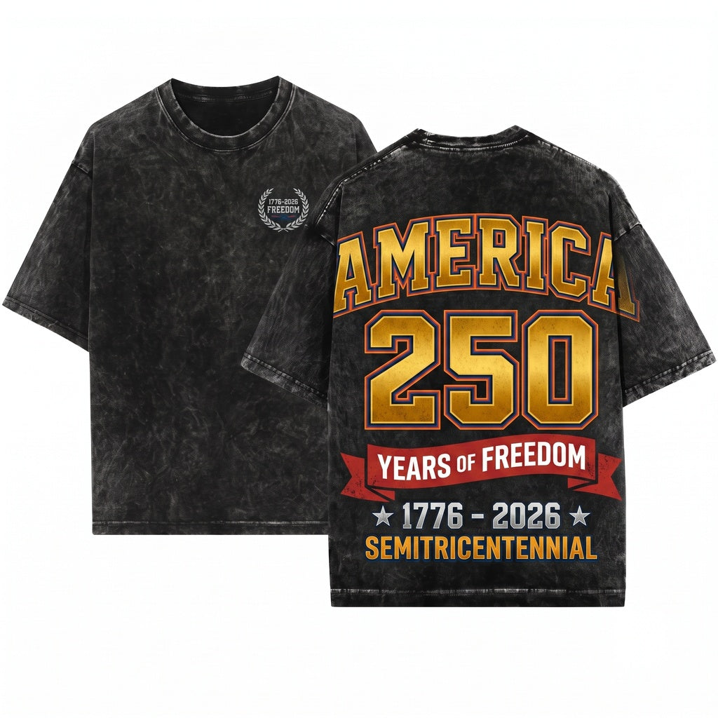 America 250 Years Freedom Vintage Varsity Patriotic USA Unisex Wash T-Shirt