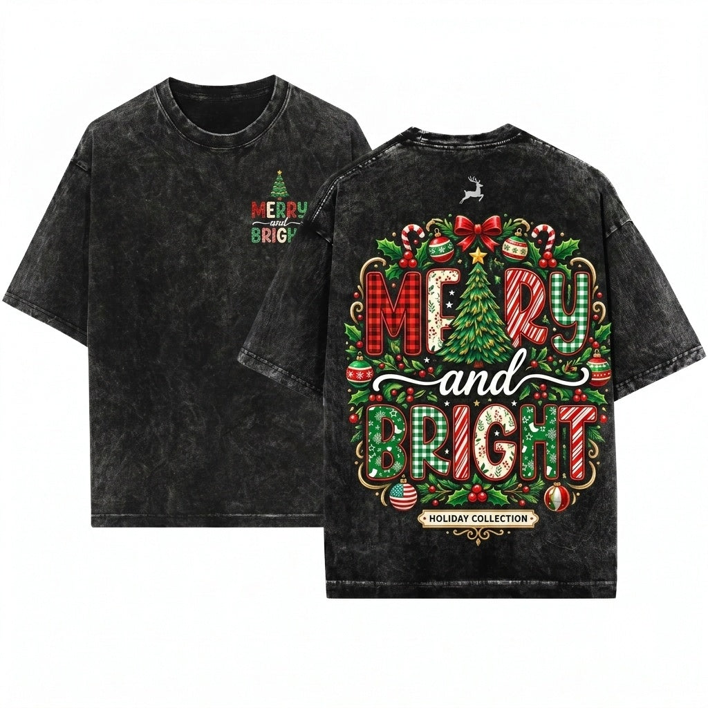 Lace Preppy Merry Bright Christmas Tree Plaid Checkered Xmas Doodles PNG Unisex Wash T-Shirt