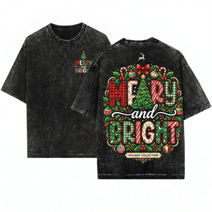 Lace Preppy Merry Bright Christmas Tree Plaid Checkered Xmas Doodles PNG Unisex Wash T-Shirt