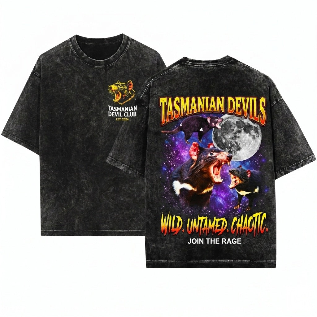 Tasmanian Devil Moon Vintage Wildlife Retro Animal Graphic Oversized Funny Gift Unisex Wash T-Shirt