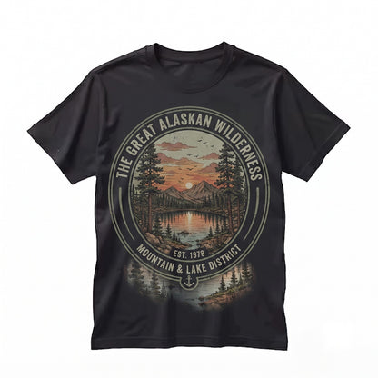 Vintage Mountain Lake Sunset Graphic Pine Forest Nature Rustic Wilderness Outdoor Gift Unisex TShirt