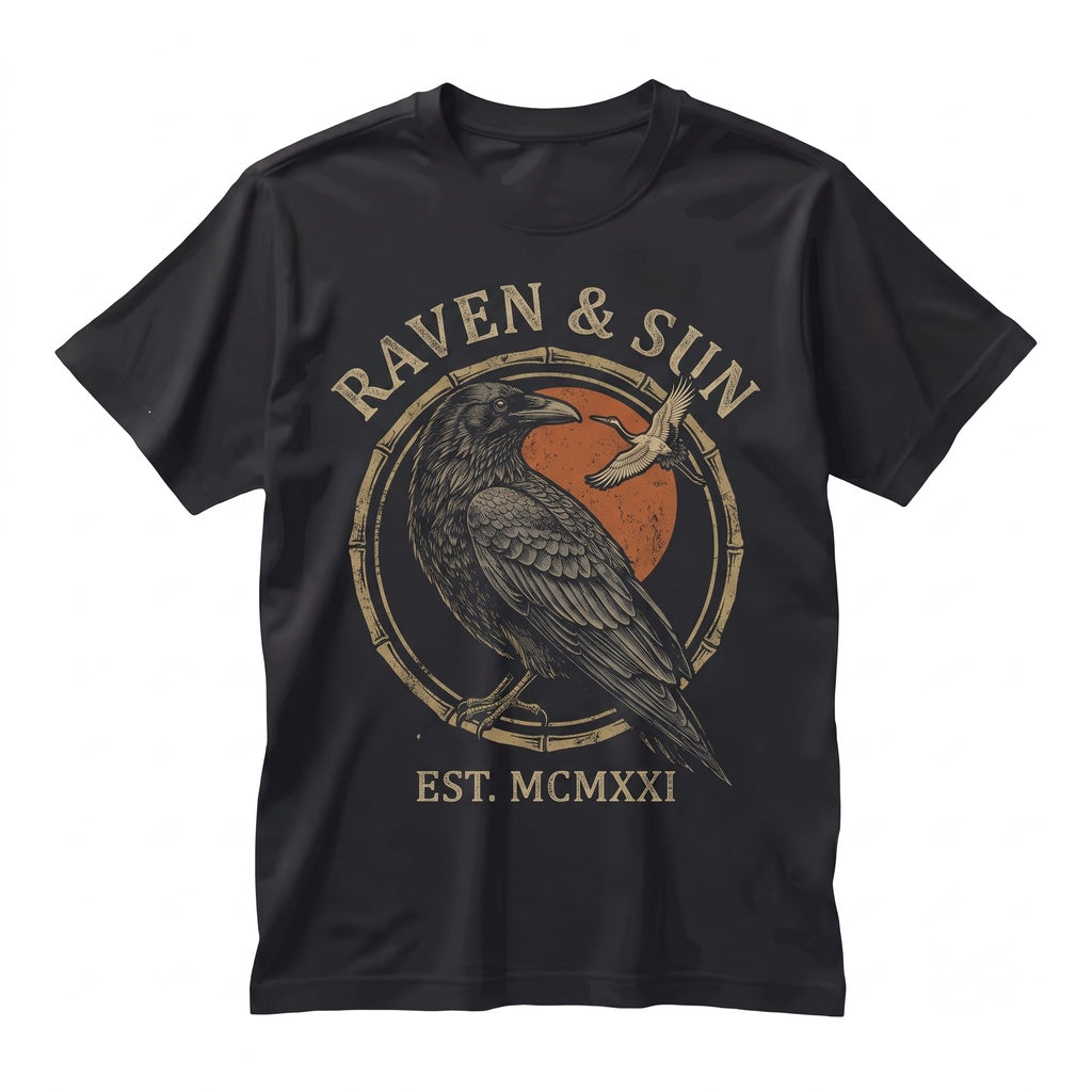 Vintage Japanese Raven Crow Graphic Art Red Sun Botanical Aesthetic Bird Apparel Unisex TShirt