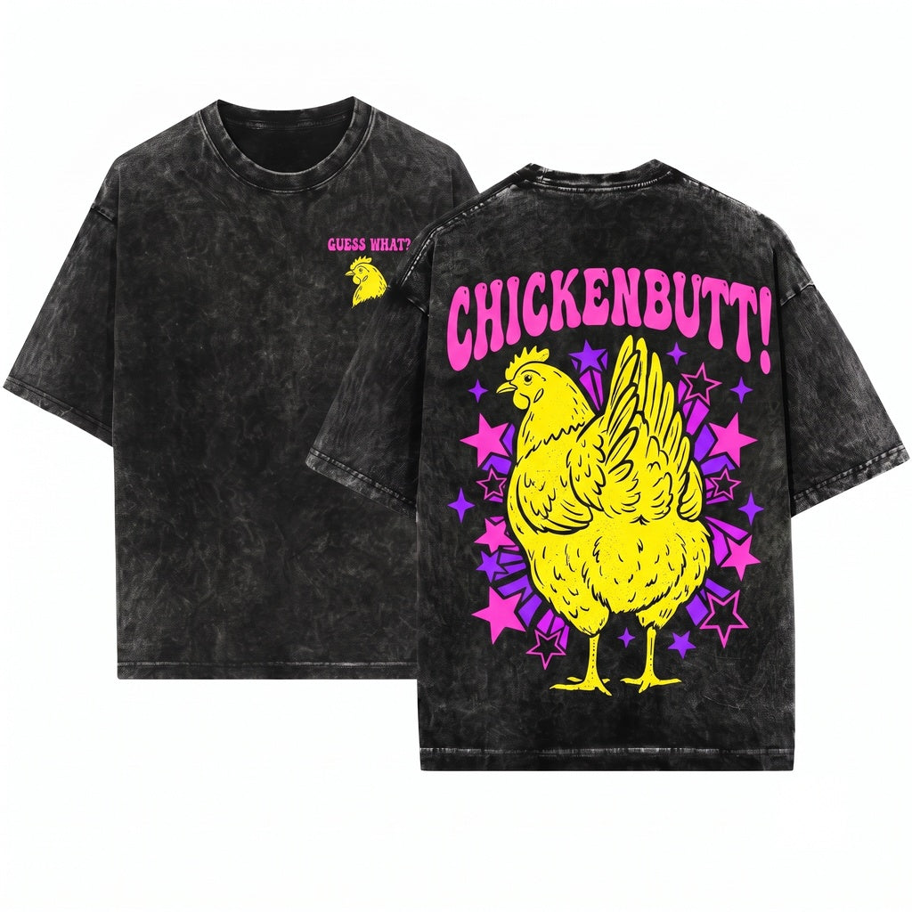 Guess What Chicken Butt Funny Meme Two Sided Front Back Animal Gen Z Humor Oversized Unisex Wash T-Shirt