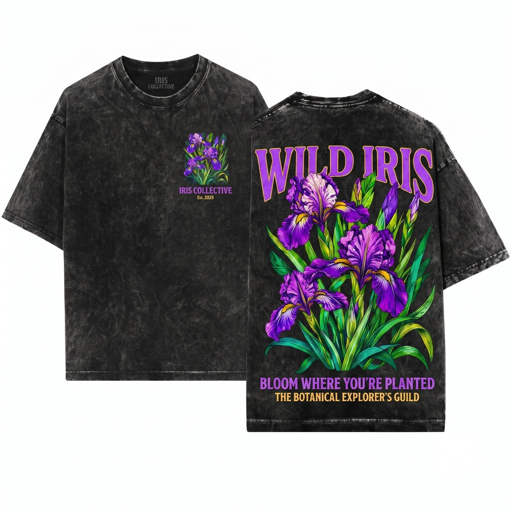 Vintage Purple Iris Botanical Floral Graphic Classic Garden Nature Bloom Unisex Wash T-Shirt