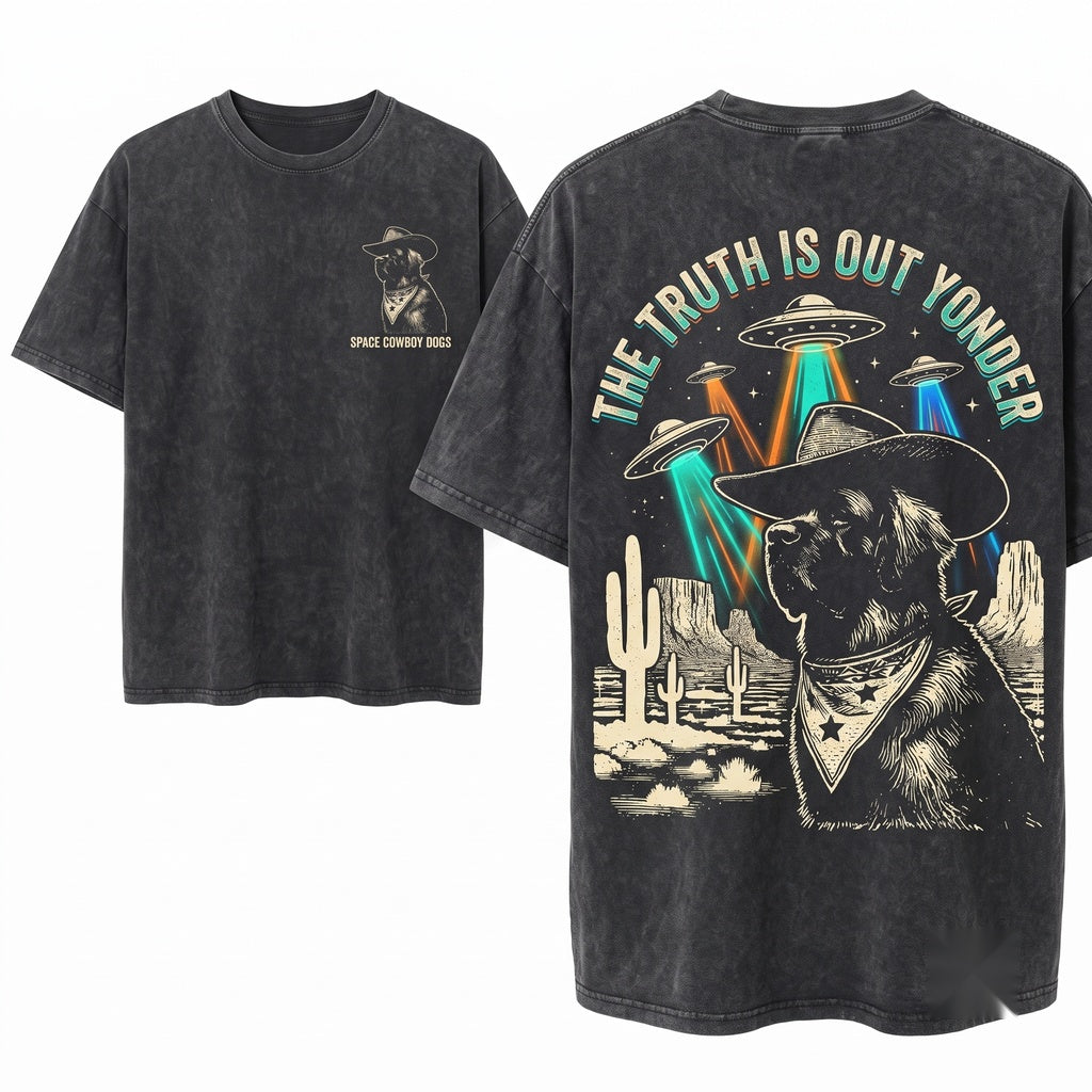 Vintage Retro Leonberger UFO Cowboy Alien Dog Owner Gift Unisex Wash T-Shirt