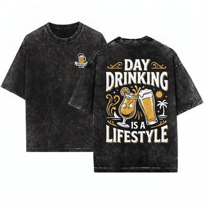 Smells Like Day Drinking Graphic Funny Alcohol Humor Casual Party Apparel Gift Unisex Wash T-Shirt