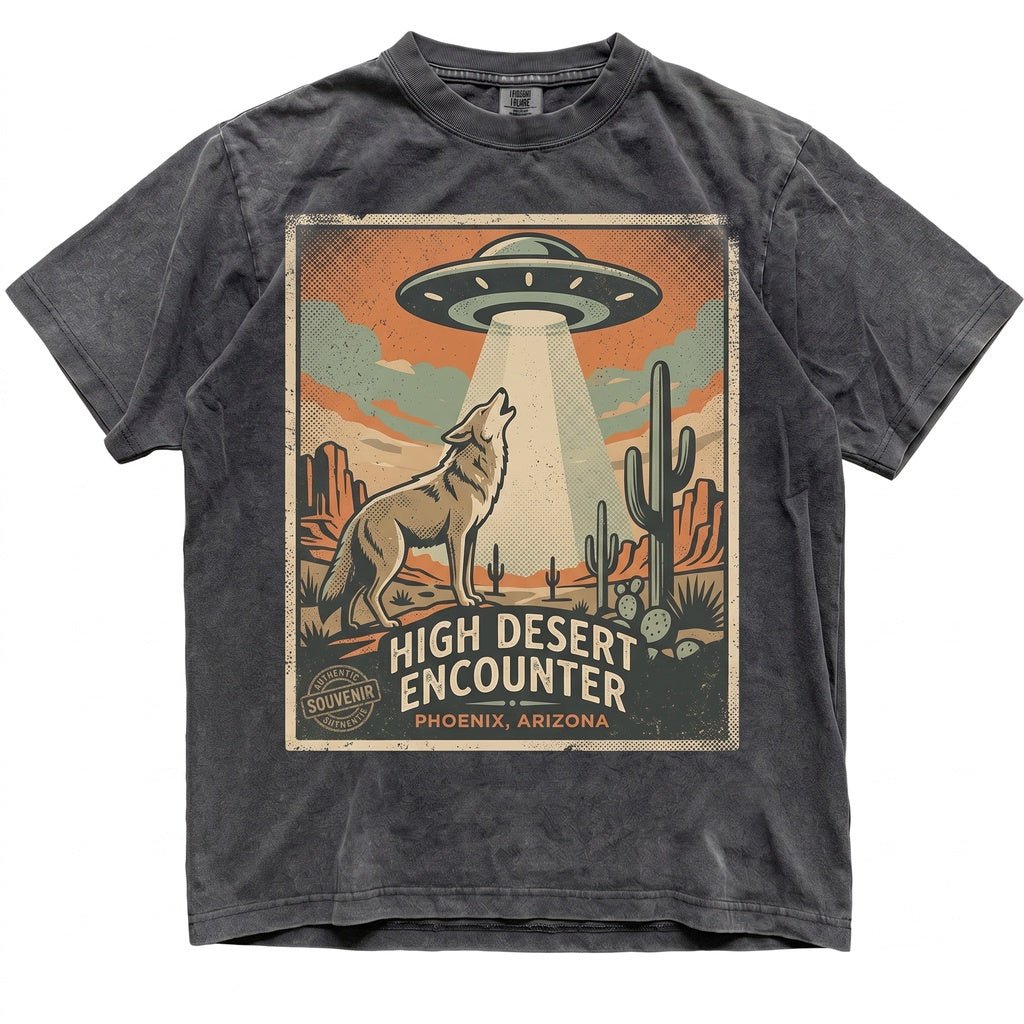 Vintage UFO Alien Abduction Graphic Retro Southwest Desert Cactus Howling Wolf Gift Unisex TShirt