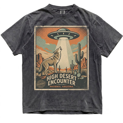 Vintage UFO Alien Abduction Graphic Retro Southwest Desert Cactus Howling Wolf Gift Unisex TShirt