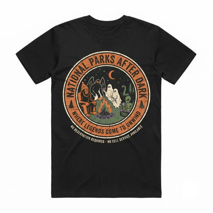 Cryptid Camping Graphic Apparel featuring Bigfoot Mothman Ghost Alien Outdoors Wildlife Wilderness Top Unisex TShirt