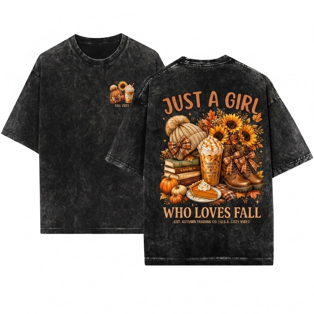 Just A Girl Who Loves Fall, Cozy Season Autumn Graphic Unisex Wash T-Shirt