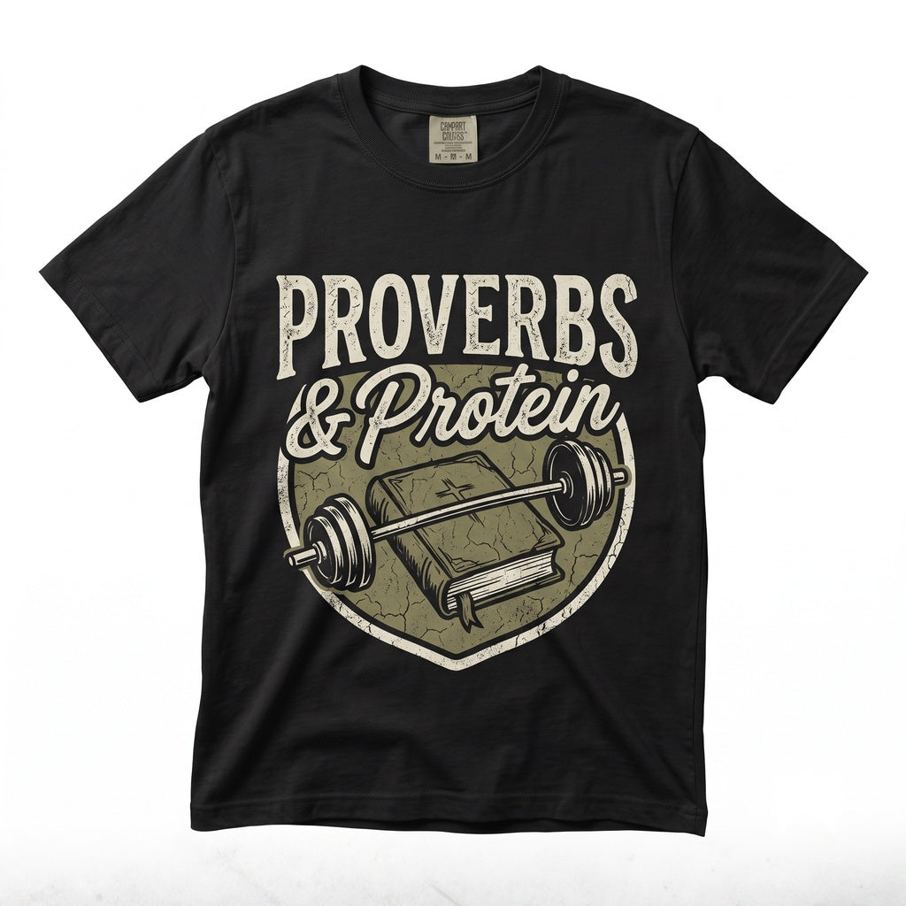 Funny Proverbs and Protein Faith Fitness Gym Workout Graphic Apparel Unisex TShirt