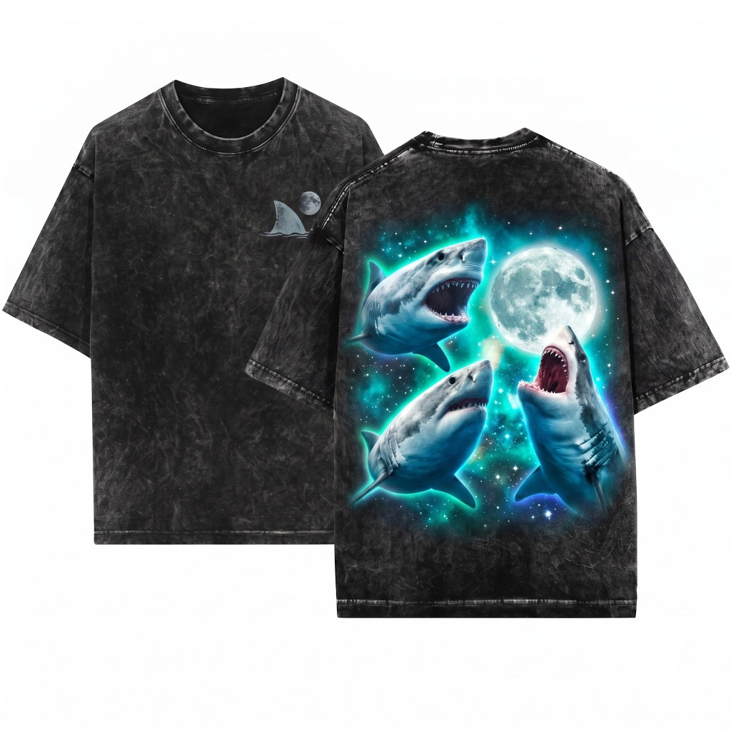 Retro Vintage 90s Y2k Great White Shark Howling at Moon Wildlife Graphic Unisex Wash T-Shirt