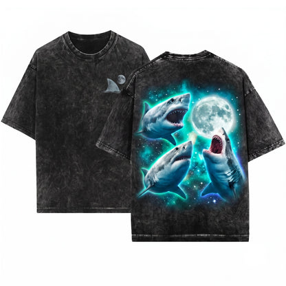 Retro Vintage 90s Y2k Great White Shark Howling at Moon Wildlife Graphic Unisex Wash T-Shirt