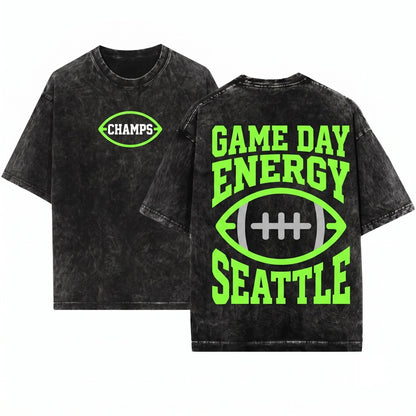 Seattle Vintage Football Champions Graphic Back Print Unisex Wash T-Shirt