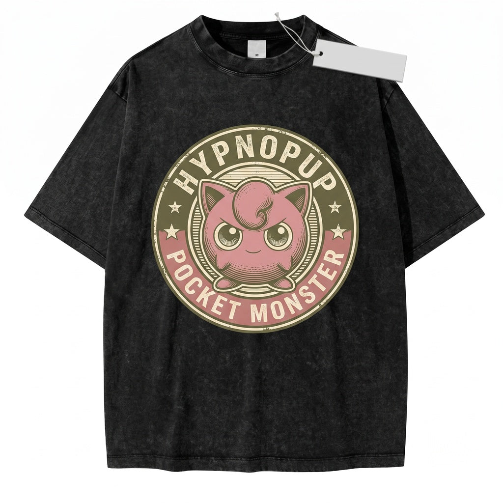 Vintage Mineral Wash Cute Singing Pink Monster Graphic Anime Gamer Gift Oversized Unisex TShirt