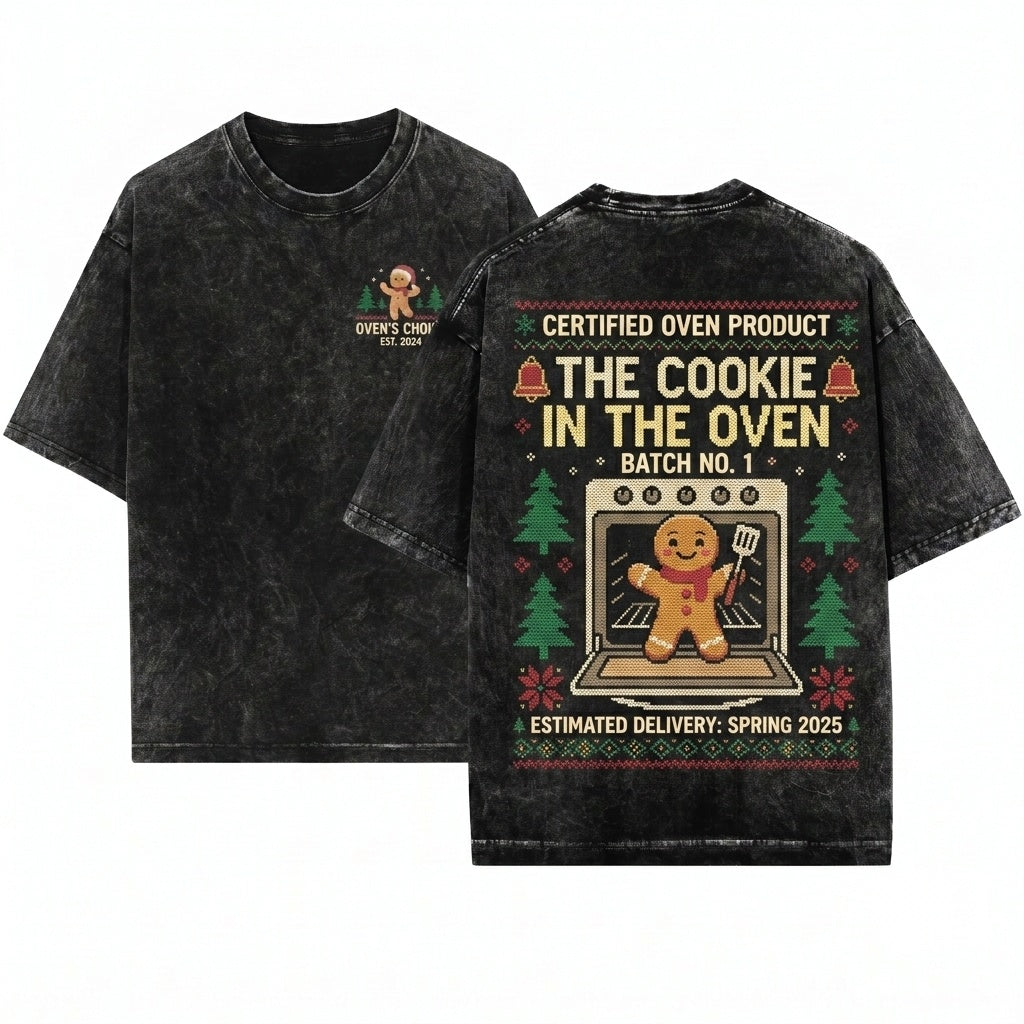 Matching Couple Christmas New Mom Dad Cookie In The Oven Pregnancy Holiday Gift Unisex Wash T-Shirt