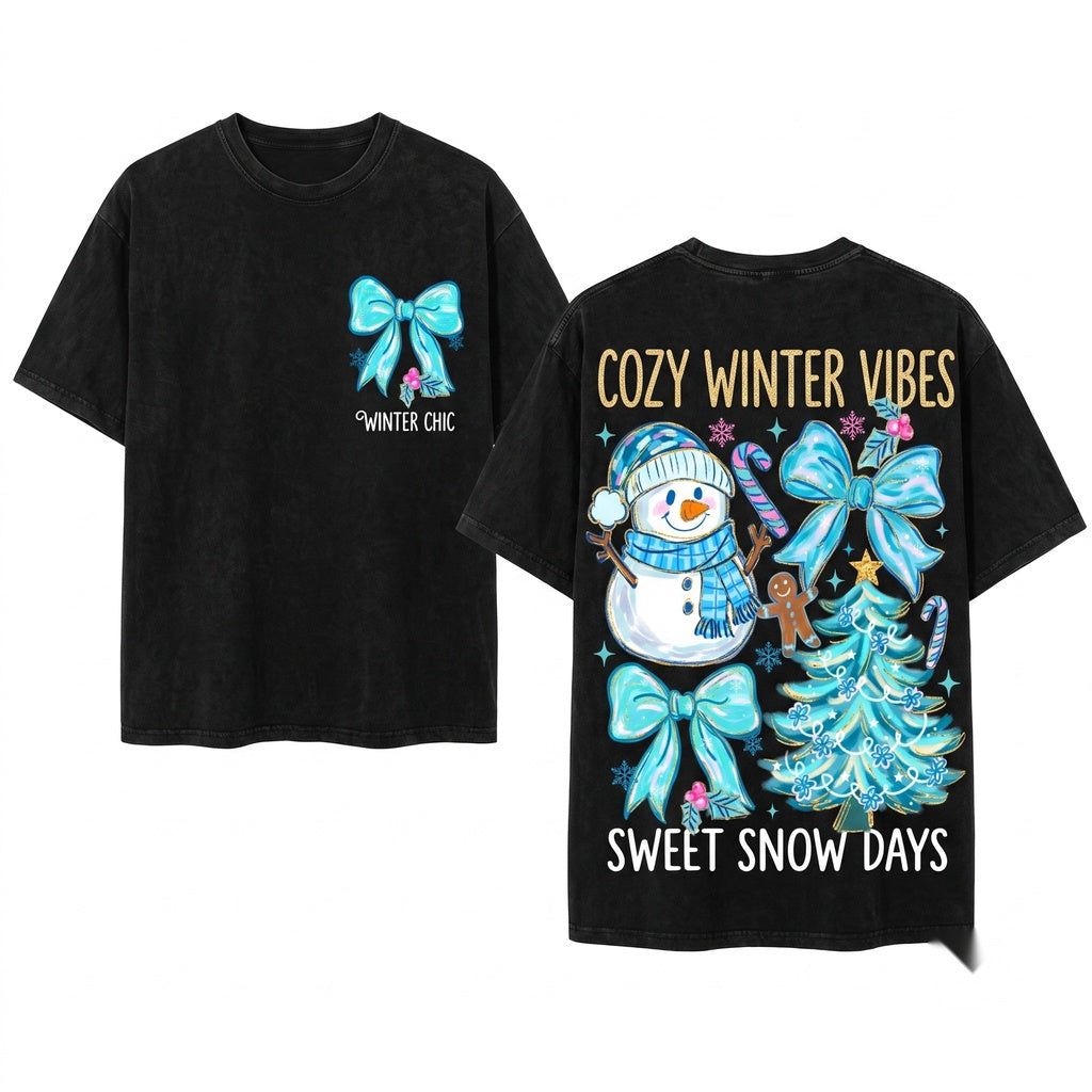 Blue Brushstroke Snowman Cozy Winter Coquette Preppy Christmas Tree Freezin Season PNG Graphic Print Unisex Wash T-Shirt