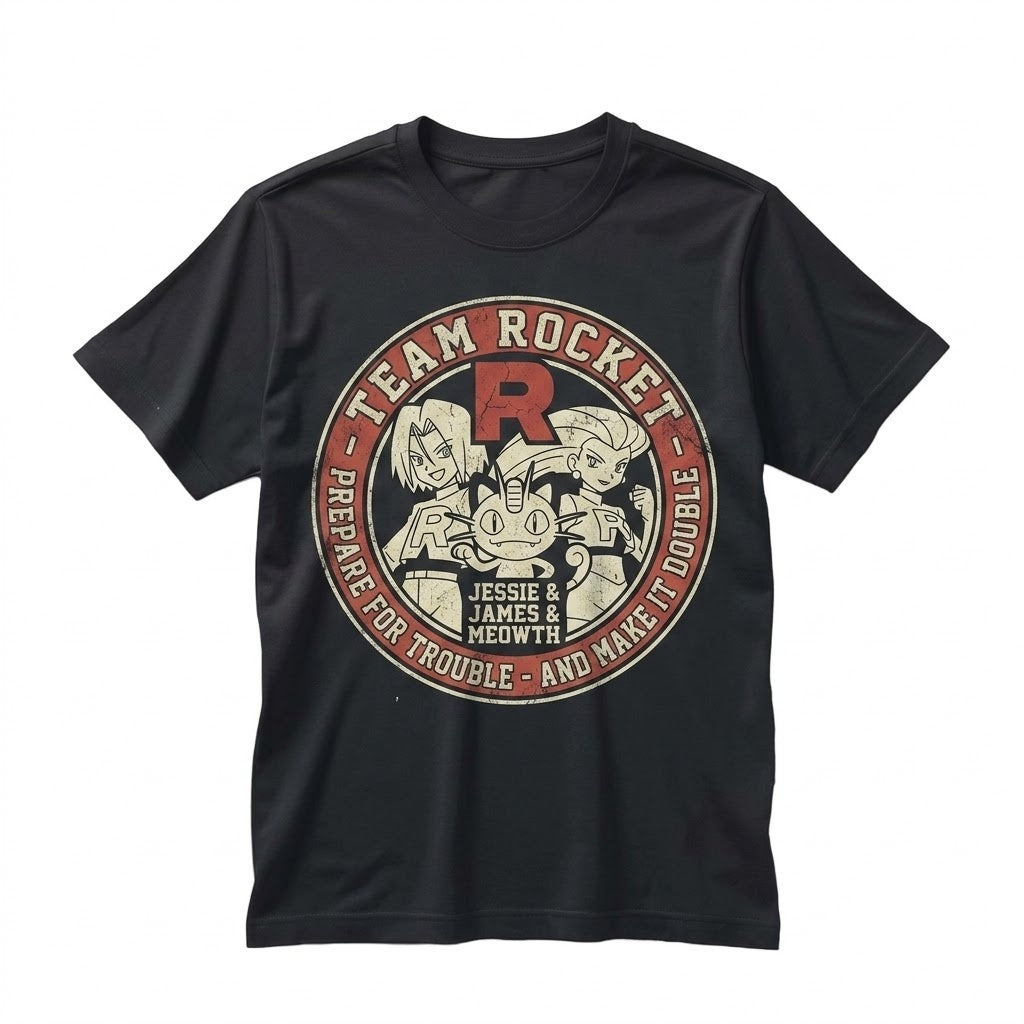 Vintage Team Rocket Washed Jessie James Meowth Graphic 2-Sided Anime Oversized Retro Gamer Streetwear Unisex TShirt