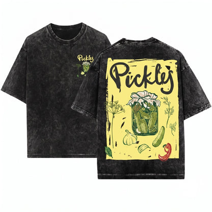 Funny Dill Pickle Graphic Foodie Summer Casual Short Sleeve Top Unisex Wash T-Shirt