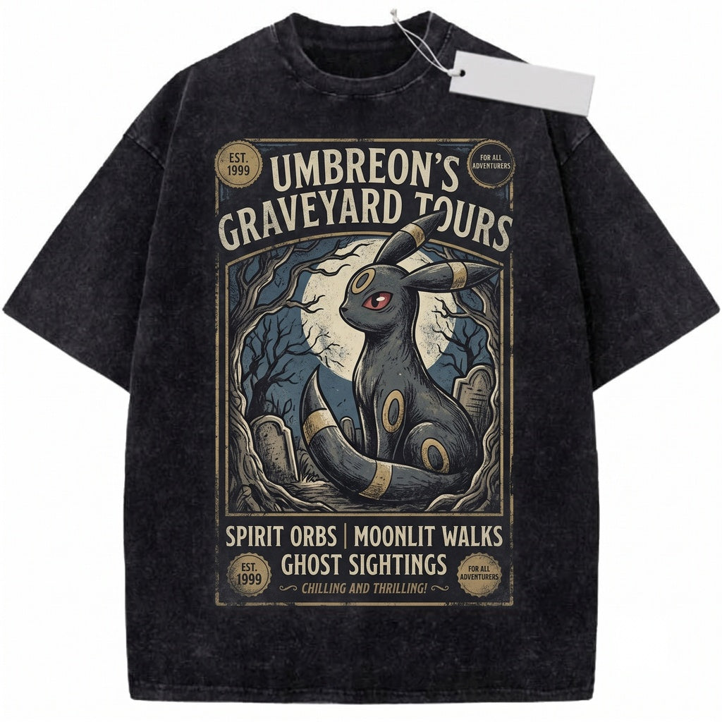 Vintage Umbreon Washed Ghost Tour Eeveelution Anime Dark Moonlight Retro Gamer Graphic Cotton Top Unisex TShirt