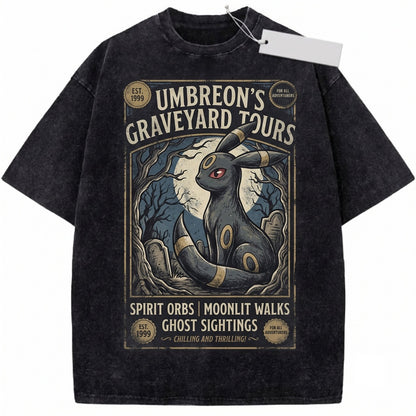 Vintage Umbreon Washed Ghost Tour Eeveelution Anime Dark Moonlight Retro Gamer Graphic Cotton Top Unisex TShirt